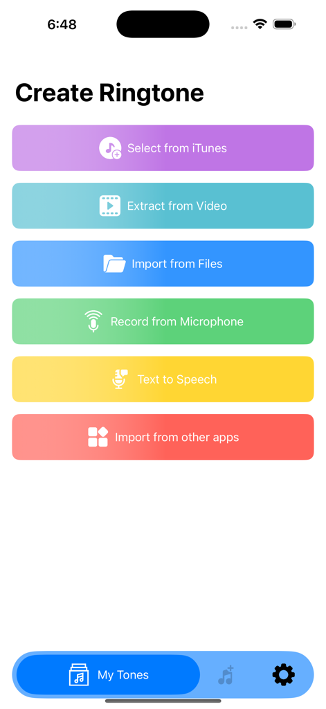 Set Ringtone - Menú principal de la aplicación Set Ringtone mostrando opciones para extraer de video y usar texto a voz