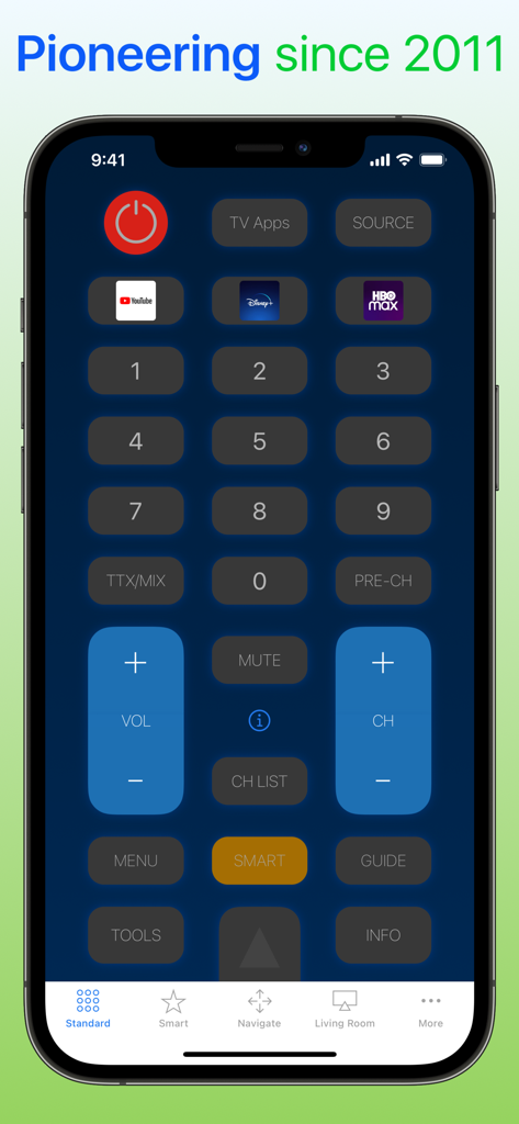 User interface of the myTifi remote app for Samsung Smart TVs showing volume controls channel buttons and streaming shortcuts on an iPhone