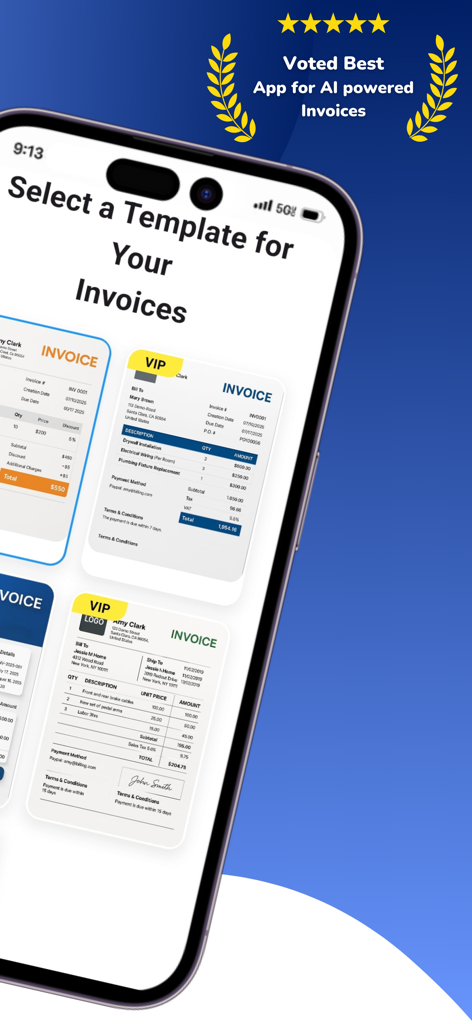 AI Invoice Maker - ServiFocus - A mobile interface displaying various professional invoice template options within the ServiFocus AI Invoice Maker app.