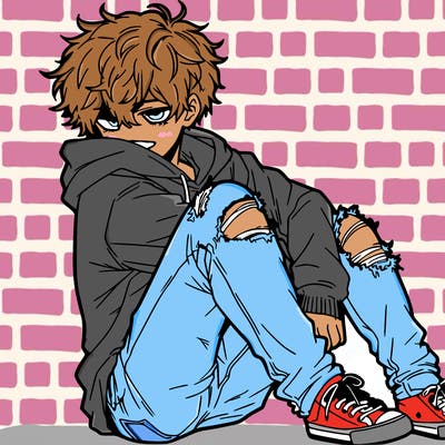 a male hoddie ripped jeans messy hair anime