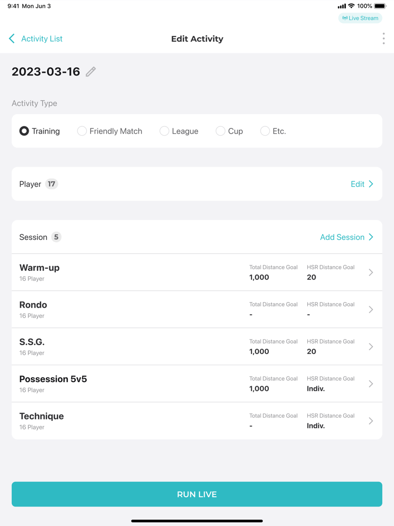 iPad interface of the Fitogether Live app showing the Edit Activity screen for a team training session with drills and performance goals.