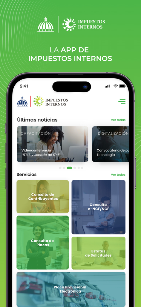 DGII Movilアプリのホーム画面。ドミニカの納税者向けの税務サービスとニュースが表示されます。