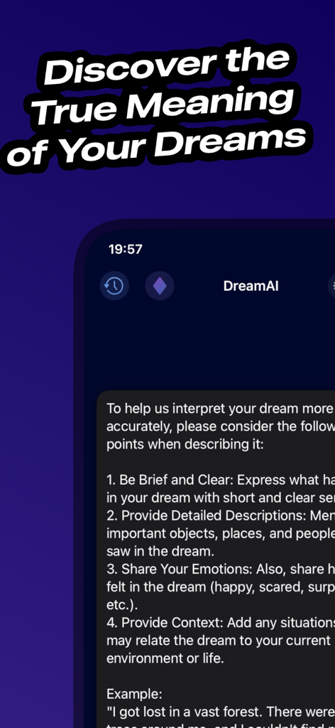 Dream Meaning AI Interpreter app interface showing instructions for accurate dream description and interpretation