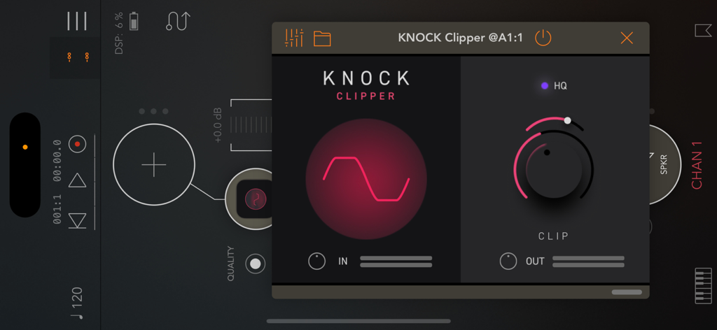 Interface do plugin de áudio KNOCK Clipper da DECAP com um botão de clip e visualizador em um dispositivo móvel