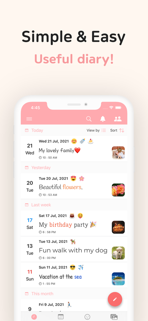 DailyLife - Diary, Journal - A mobile app interface displaying a chronological list of diary entries with photos and emojis under a simple and easy useful diary header