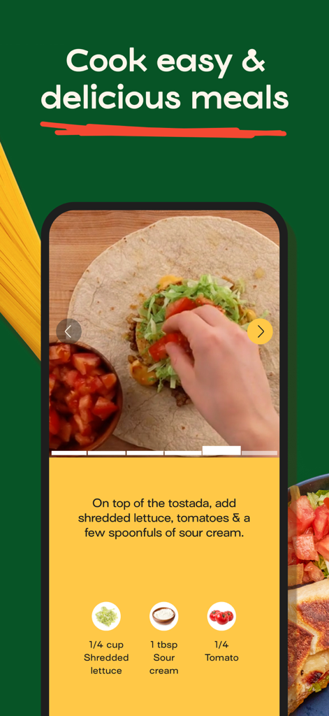 Pantalla de la aplicación Jow mostrando instrucciones de cocina paso a paso fáciles de seguir y medidas de ingredientes.