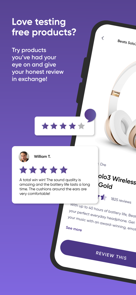 Mobile screen showing the Influenster app interface with a prompt to test free products in exchange for reviews, featuring a user review for Beats headphones.