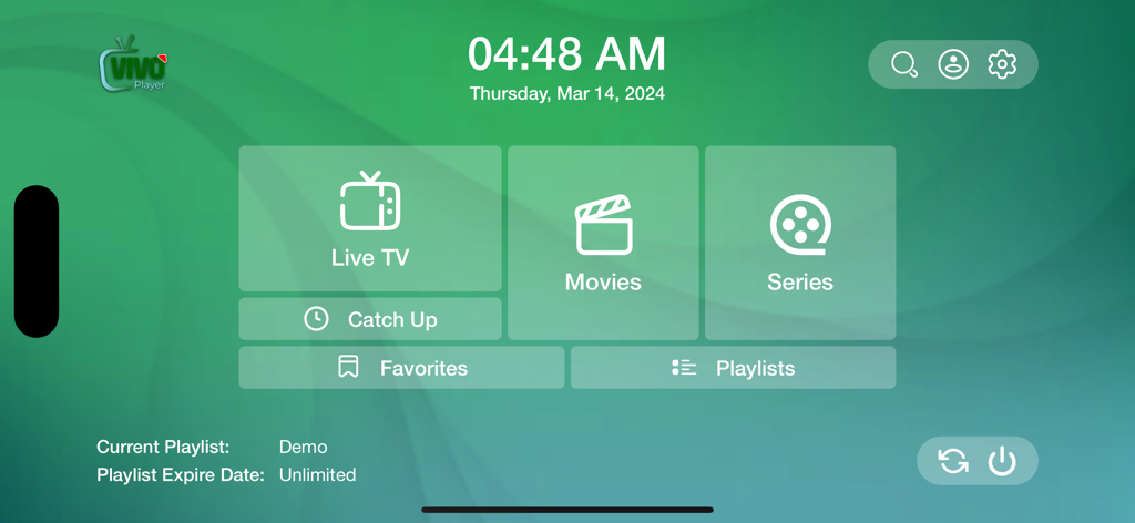 Vivo Player: Smart IPTV Player - Main interface of Vivo Player IPTV app displaying Live TV Movies and Series sections on a green background