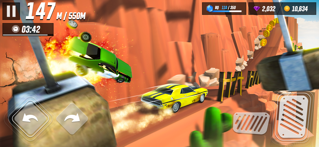 Car Crash Games - derby,beamng - A yellow muscle car racing on a desert canyon track with an exploding green car and swinging hammer obstacles.