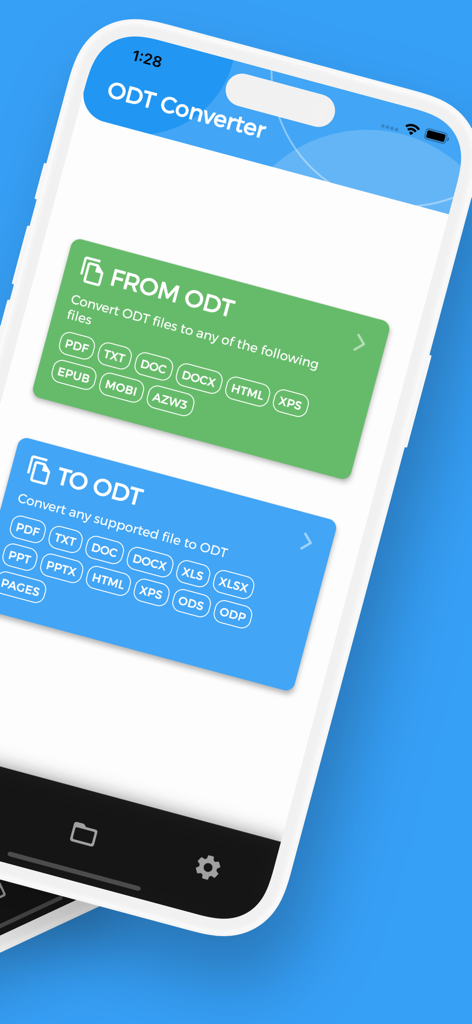 ODT Converter, ODT to WORD - Interface do aplicativo Conversor ODT mostrando opções para converter de e para formatos de arquivo ODT