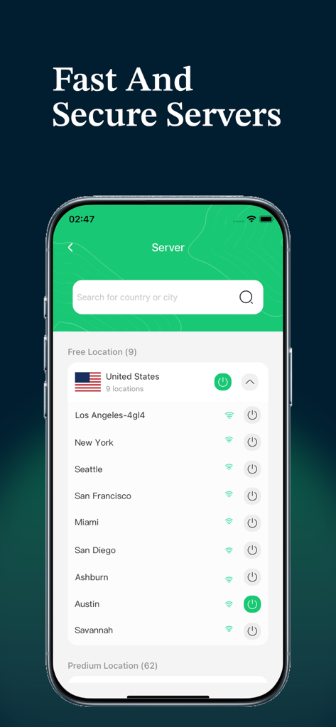 Fusvob VPN : Super VPN 2026 - Schermata di uno smartphone che mostra l'interfaccia di selezione dei server di Fusvob VPN con varie città degli Stati Uniti come Los Angeles e New York sotto un'intestazione Server Veloci e Sicuri.