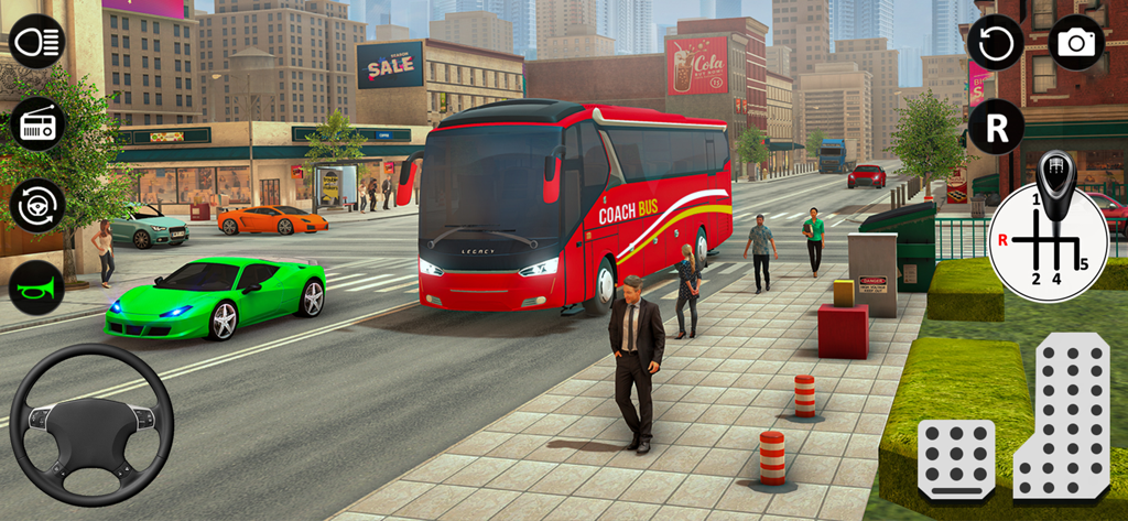 Coach City Bus Simulator Games - Gameplay view of a red coach bus in a city with steering wheel and pedal controls