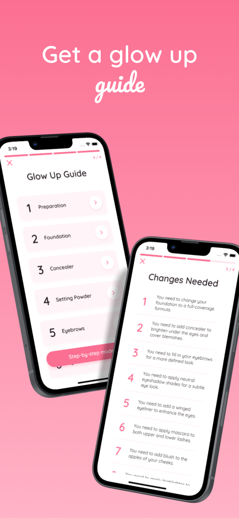 Glam Up - Perfect Your Look - Two iPhones displaying the Glam Up app glow up guide and personalized beauty recommendations