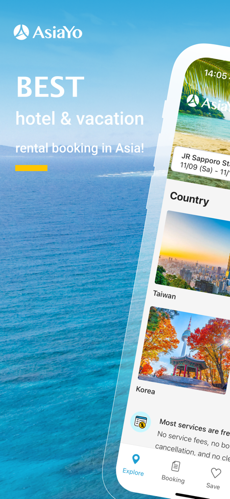 AsiaYo app interface displaying vacation rental options for Taiwan and Korea with a tropical background.