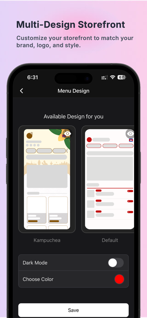 Redbox Merchant - Una pantalla de aplicación móvil que muestra opciones para que los propietarios de restaurantes personalicen el diseño de su tienda digital y los colores de la marca