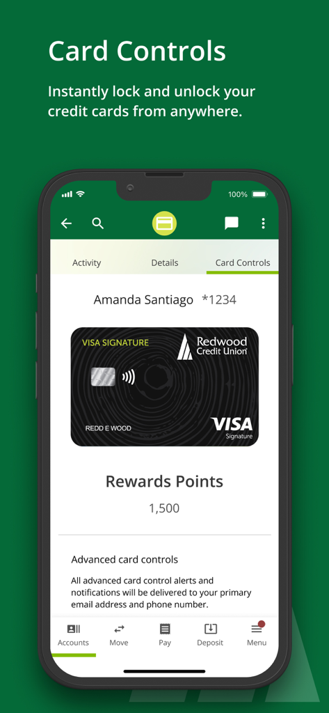 Redwood Credit Union mobile app interface showing card controls to lock and unlock credit cards