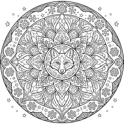Unleash your creativity with this beautiful fox mandala, intricately designed with enchanting winter elements. Perfect for a cozy coloring session, it offers a blend of nature's cunning and winter's serene beauty.