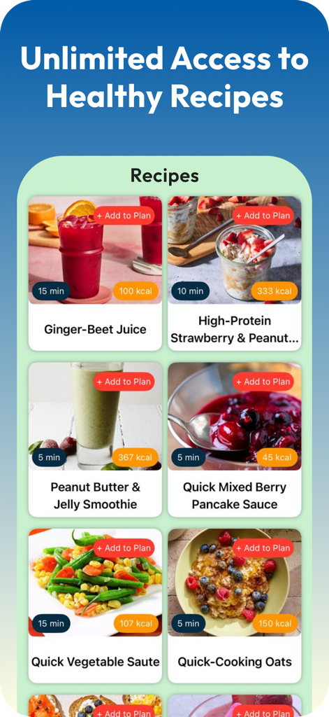 AI Health Tracker - AI Health Tracker app screen showing healthy recipes with calorie counts and preparation times