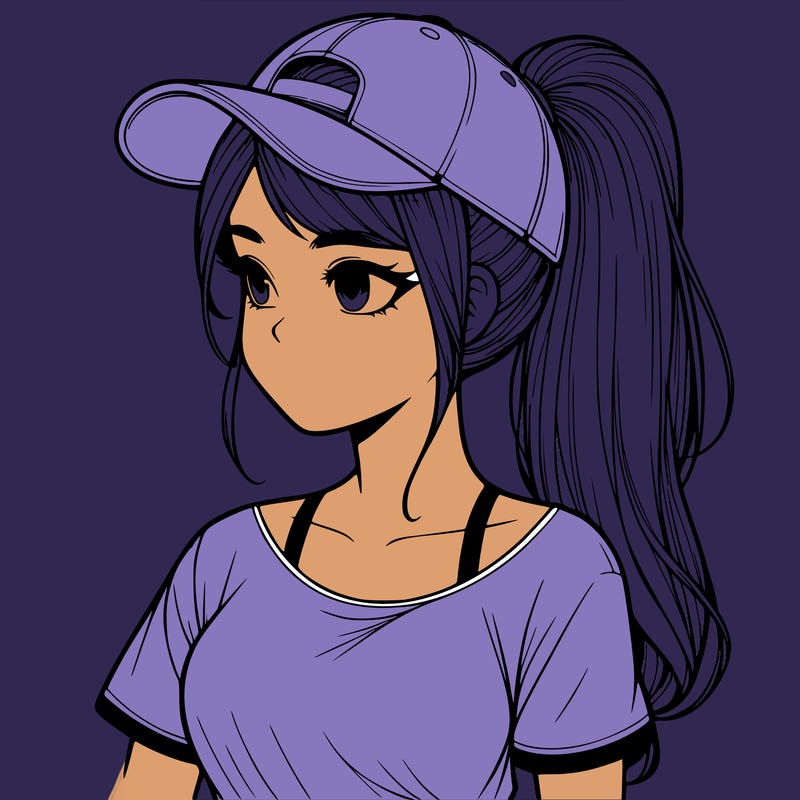realistic looking girl with her hair in a really long ponytail and a base ball cap, t-shirt