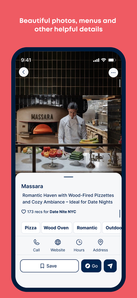 Atly app displaying a detailed restaurant profile for Massara in NYC featuring photos and venue details.