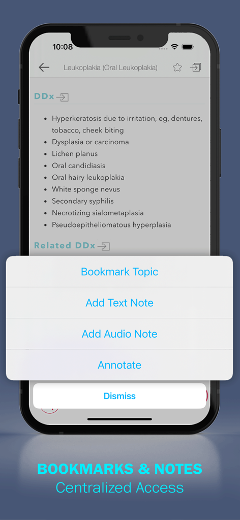 Interfaz de la aplicación MobileDDx que muestra las opciones para marcar temas y agregar notas de texto o audio para diagnósticos clínicos.