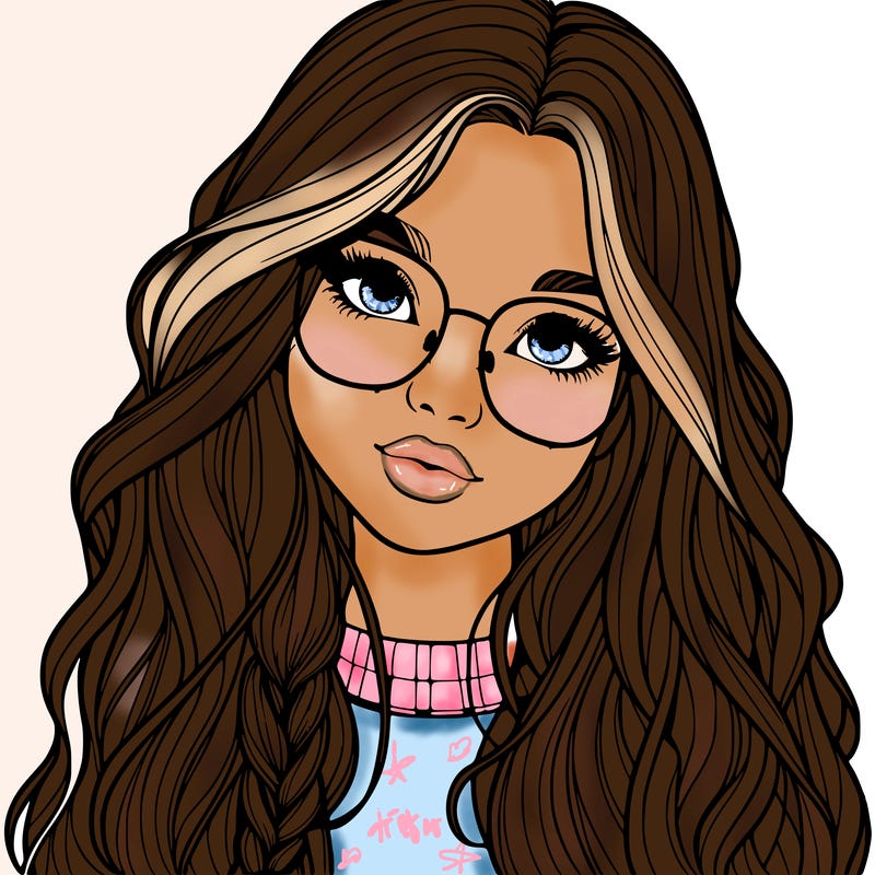 girl with long hair and freckles and glasses realistic