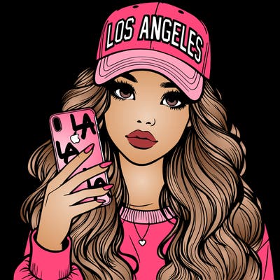 realistic beautiful girl wearing los ángeles cap holding an iphone