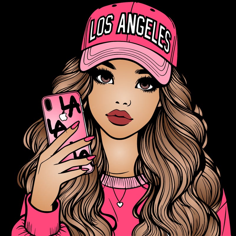 realistic beautiful girl wearing los ángeles cap holding an iphone