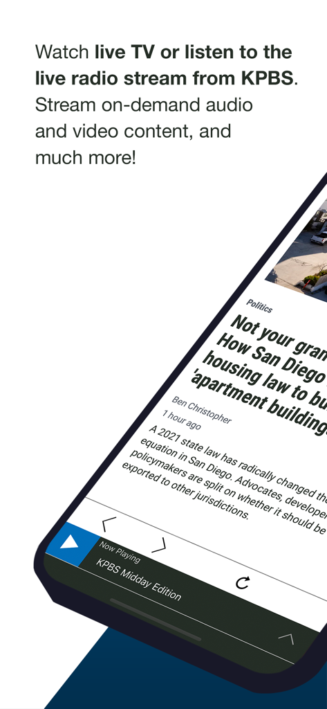 KPBS app interface displaying a local San Diego news article and a live radio player for KPBS Midday Edition.