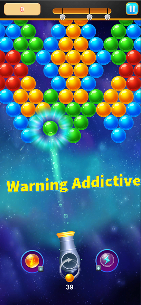 Bubble Shooter - Pop Legend - Jugabilidad de Bubble Shooter Pop Legend mostrando un cañón apuntando a burbujas de colores en un nivel temático espacial