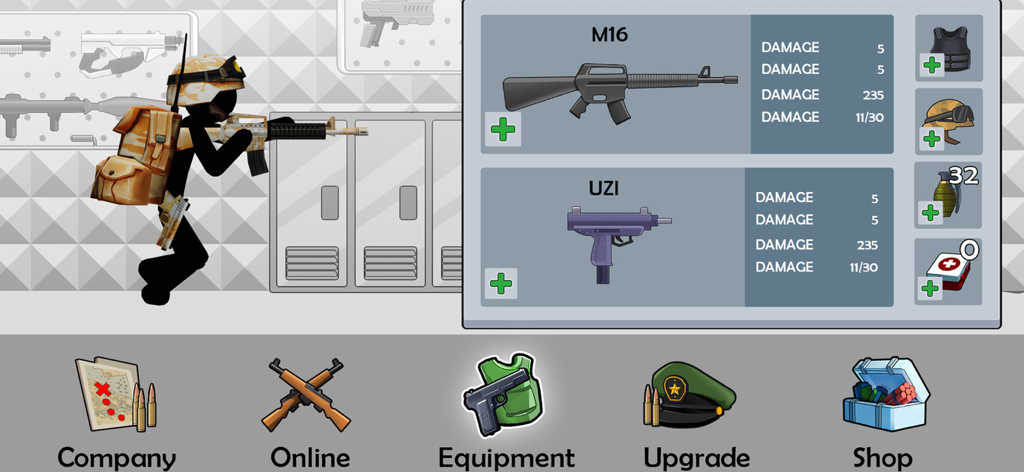 Stick Warfare Battle Strike - Stickman character in military gear next to an equipment menu featuring M16 and UZI weapons