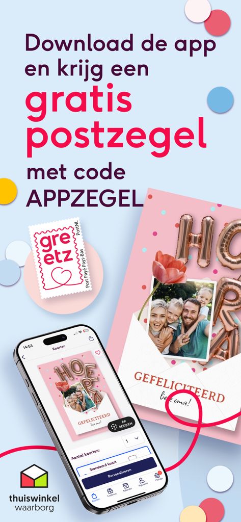Greetz kaarten en cadeaus - Tela promocional do aplicativo Greetz oferecendo um selo grátis para cartões de saudação personalizados com fotos