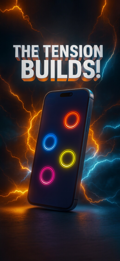 Tap Roulette Pro – Finger Game - iPhone che mostra Tap Roulette Pro con anelli luminosi sulle dita e uno sfondo elettrico drammatico