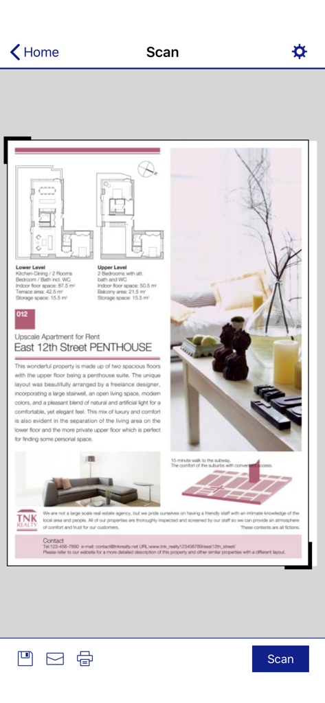 Epson iPrint app interface showing a scanned real estate flyer preview on a mobile device