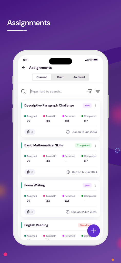 Phoenix Classroom - Mobile interface of Phoenix Classroom showing a list of current assignments with status updates and due dates