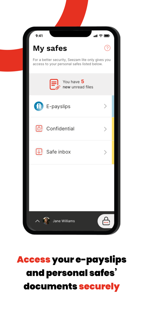 Interface of SeeZam Lite app showing the My safes screen with folders for e-payslips and confidential documents.