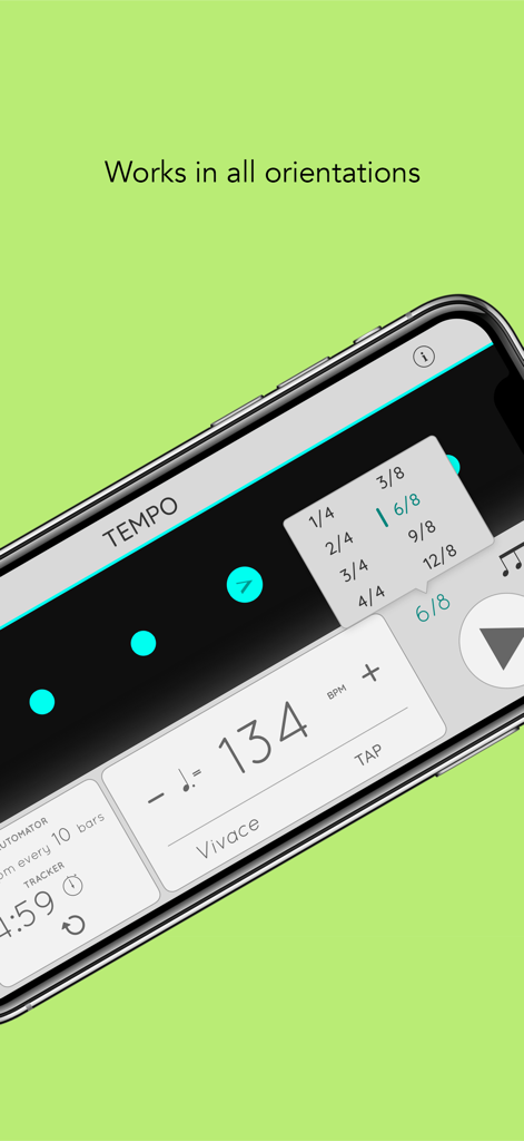 Metronome Tempo Lite app showing time signature settings in landscape mode