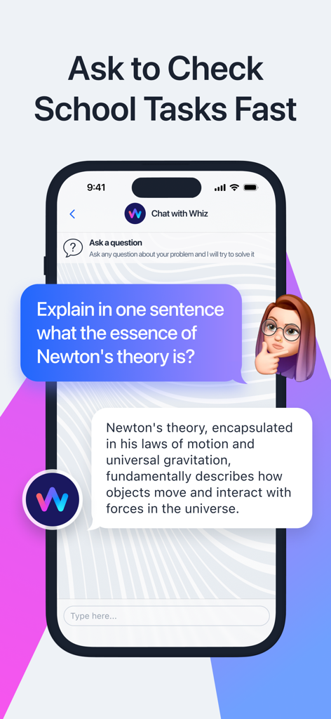 Whiz: Homework, Math AI Helper - A chat interface in the Whiz app showing an AI assistant providing a concise explanation of Newton's theory to a student.