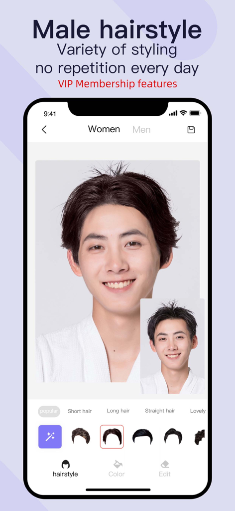 Hairstyle & Hair Color Changer - Interfaz de una aplicación móvil que muestra una función de prueba virtual de peinado masculino con un hombre sonriente.