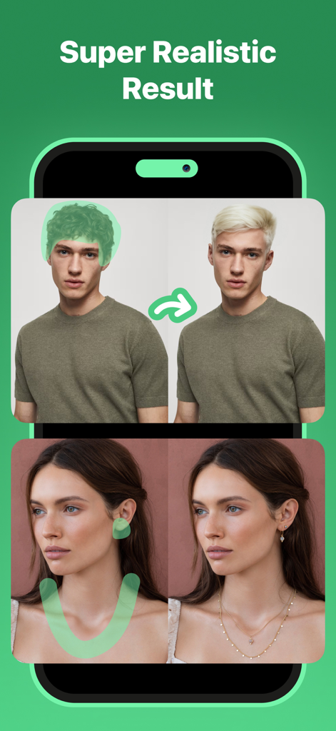 Before and after comparison showing AI hair color change and jewelry addition in a photo editing app
