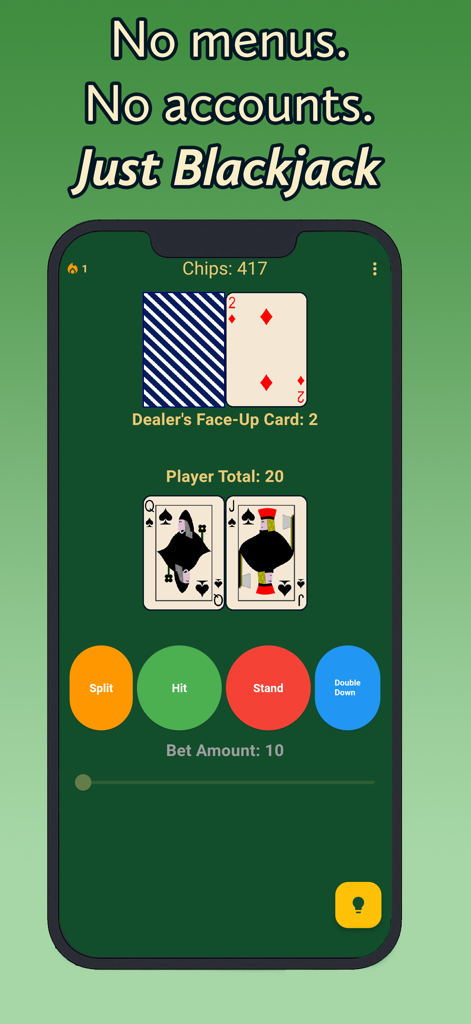 Blackjack Trainer and Analyzer - Minimalistische Blackjack-Gameplay-Oberfläche, die eine Hand von zwanzig gegen einen Dealer mit zwei Aktionsschaltflächen zeigt.