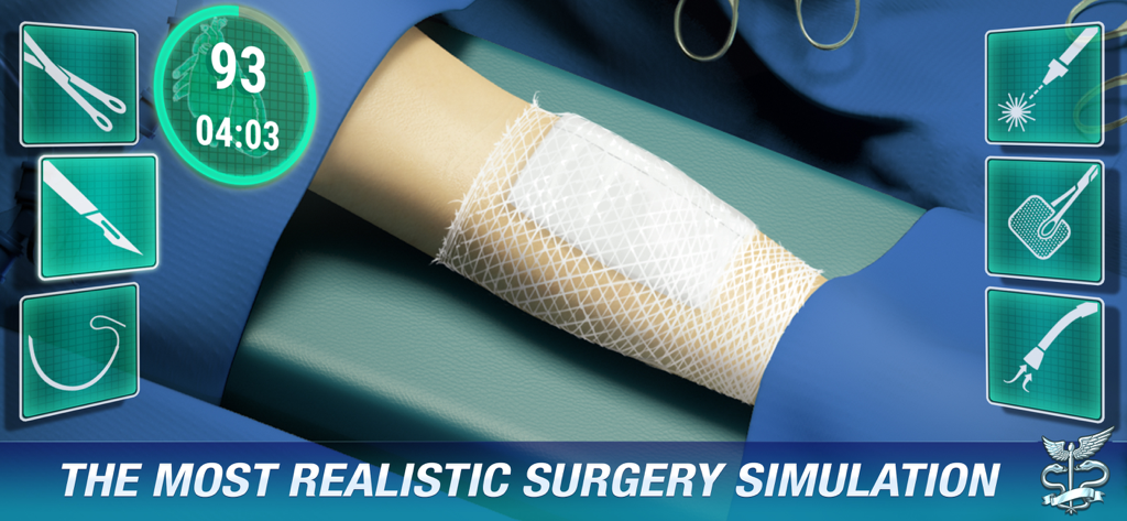 A realistic surgery simulation scene from the Operate Now Hospital mobile game featuring medical tools and a timer.