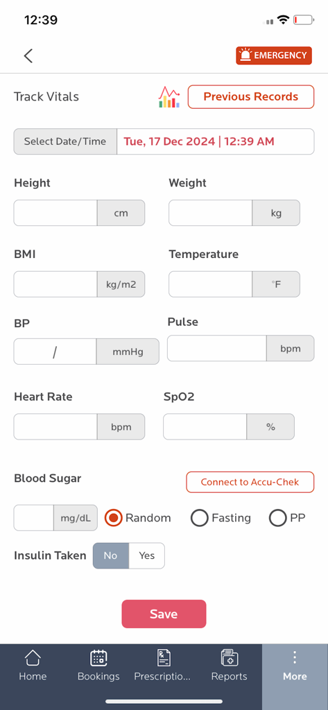 CK Birla Hospitals - Mobile app interface for tracking health vitals like blood pressure heart rate and oxygen levels