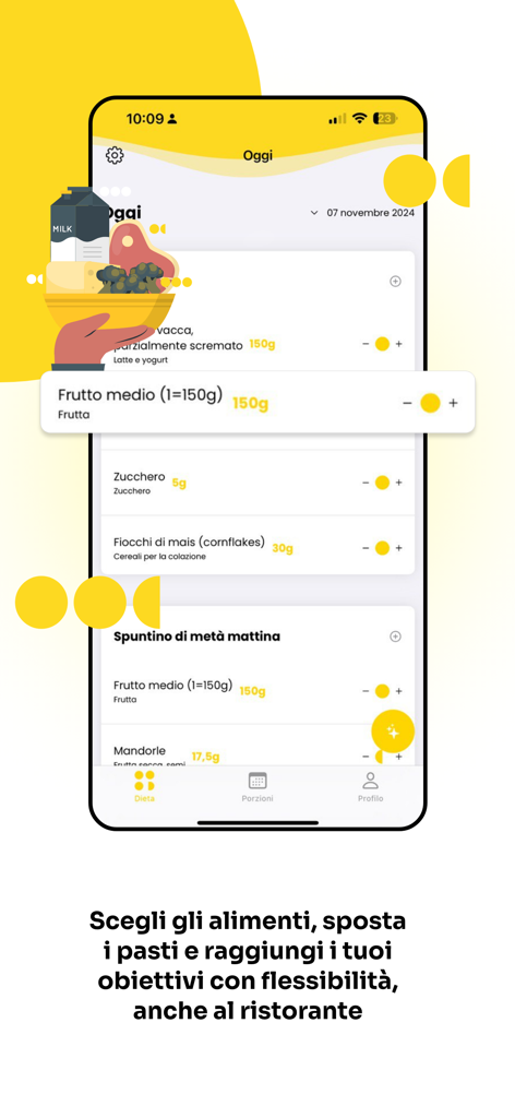 Una captura de pantalla de la aplicación Dieta a Porzioni que muestra la planificación diaria de comidas y los ajustes de porciones de alimentos.