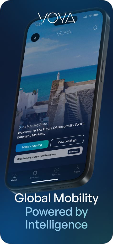 Écran d'accueil de l'application VOYA pour la logistique des visas et des voyages mondiaux