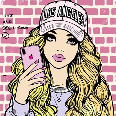 realistic beautiful girl wearing los ángeles cap holding an iphone