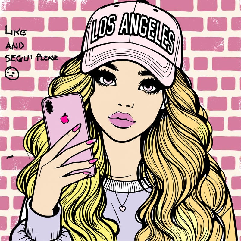 realistic beautiful girl wearing los ángeles cap holding an iphone
