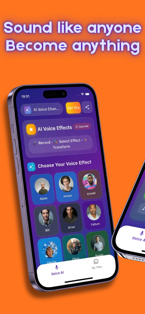 AI Voice Changer app interface on an iPhone showing a selection of different voice characters and effects.