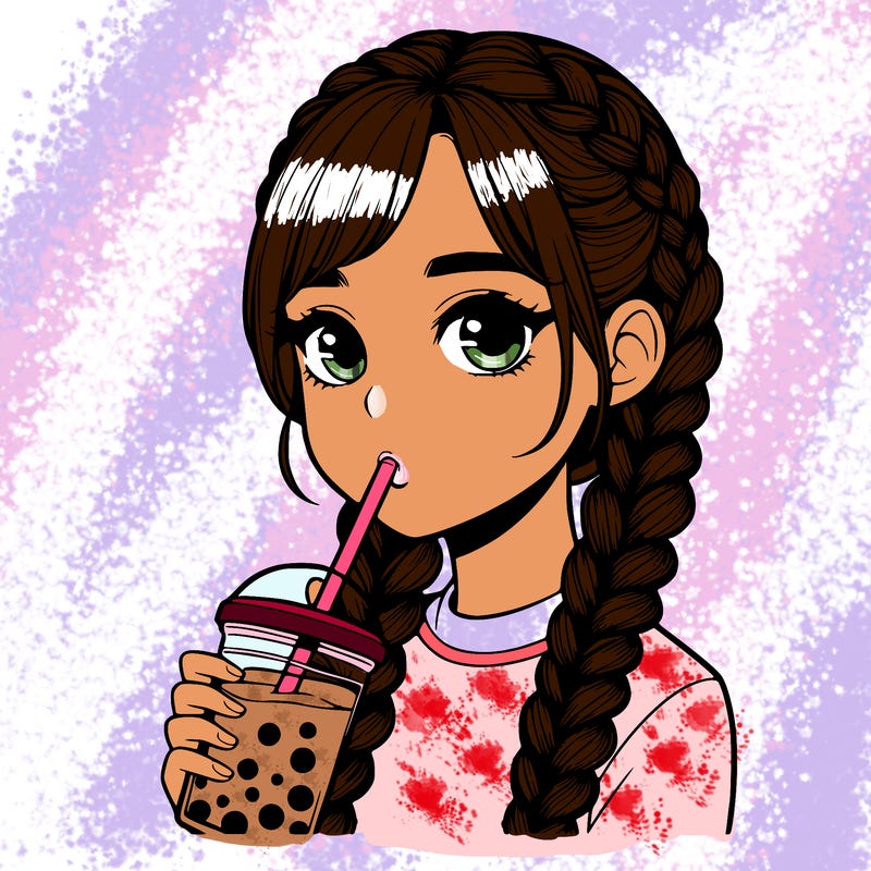 realistic girl with braided hair drinking boba
