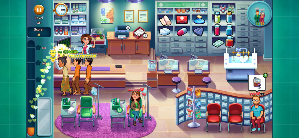 Heart's Medicine: Time to Heal - Captura de pantalla del juego Heart's Medicine Time to Heal que muestra a Allison Heart gestionando una concurrida recepción de hospital con pacientes esperando tratamiento.